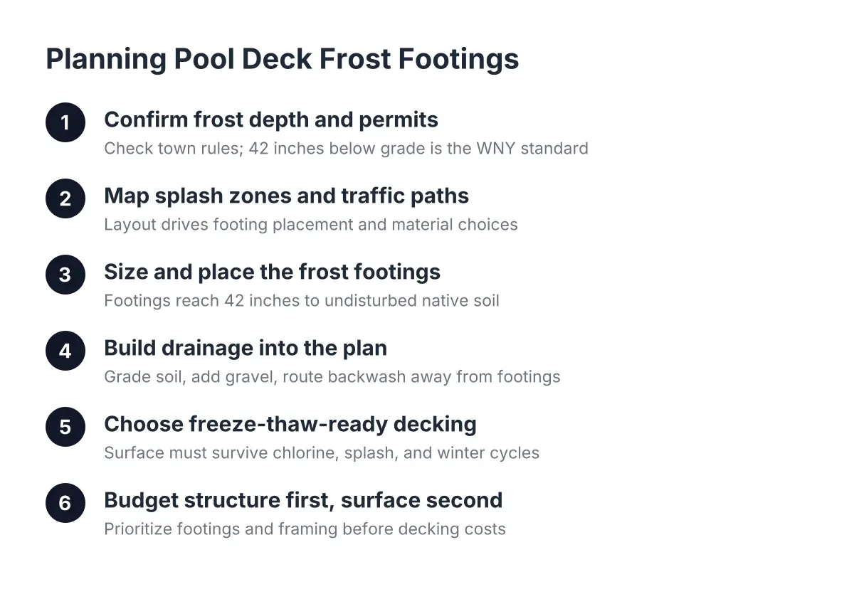 Process diagram showing six steps for planning pool deck frost footings in WNY