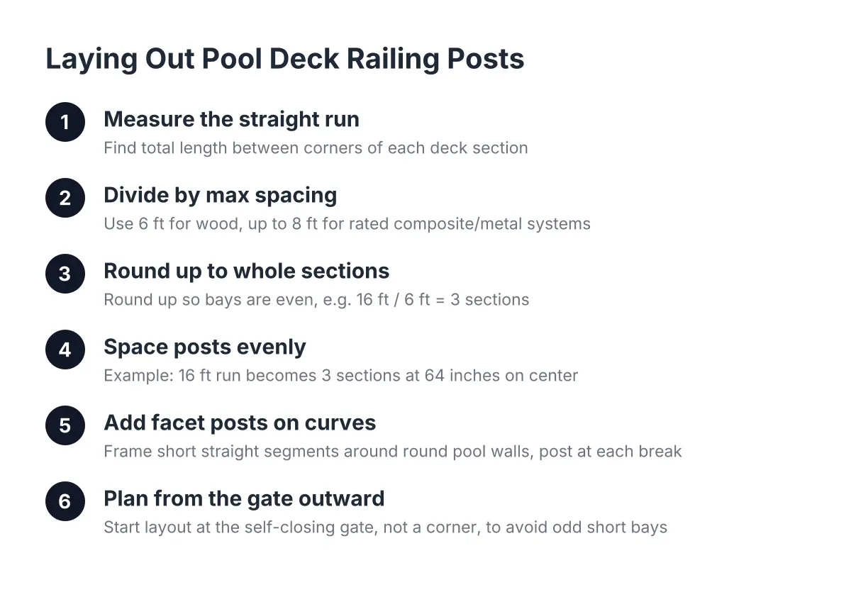 Steps showing how to calculate pool deck railing spacing around a round pool