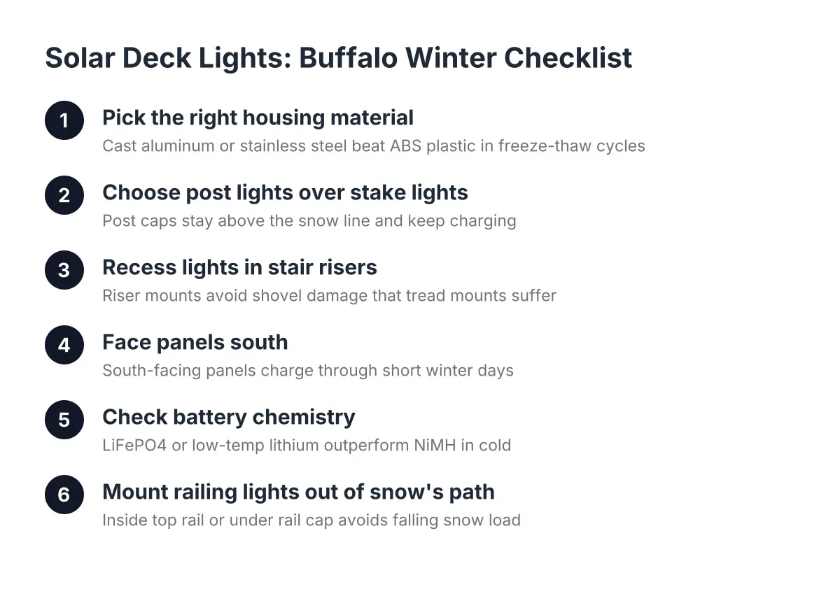 Step sequence for choosing solar deck lights that survive Buffalo freeze-thaw winters