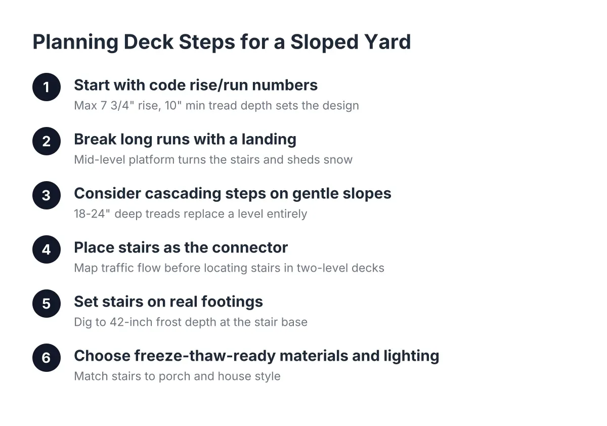 Step sequence diagram showing deck steps ideas for sloped yards in Buffalo