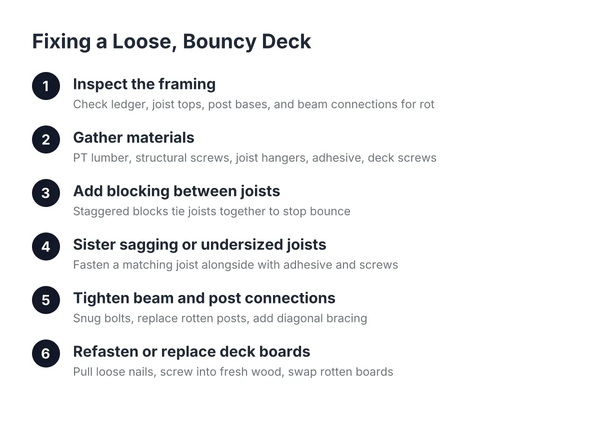 Diagram of six steps to fix a bouncy deck, from inspection to refastening boards