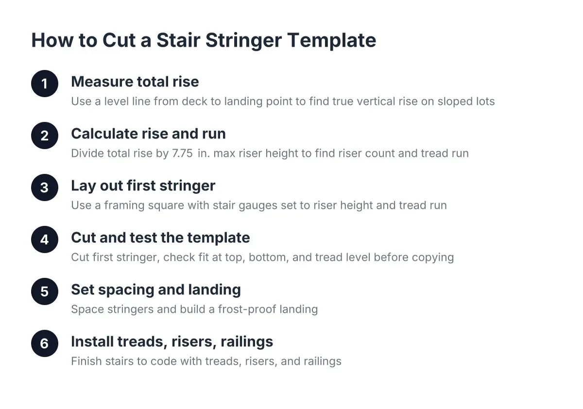 Steps for cutting a stair stringer template for deck stairs on a sloped yard