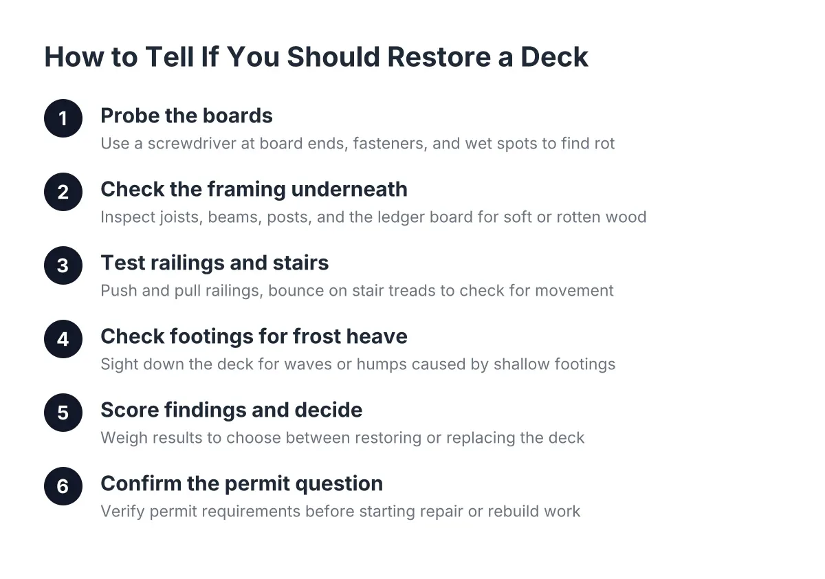 Six-step process diagram for inspecting a deck before deciding to restore a deck